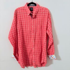 TailorByrd Collection Mens XL Coral Plaid Button Down Shirt Contrast Cuff Casual